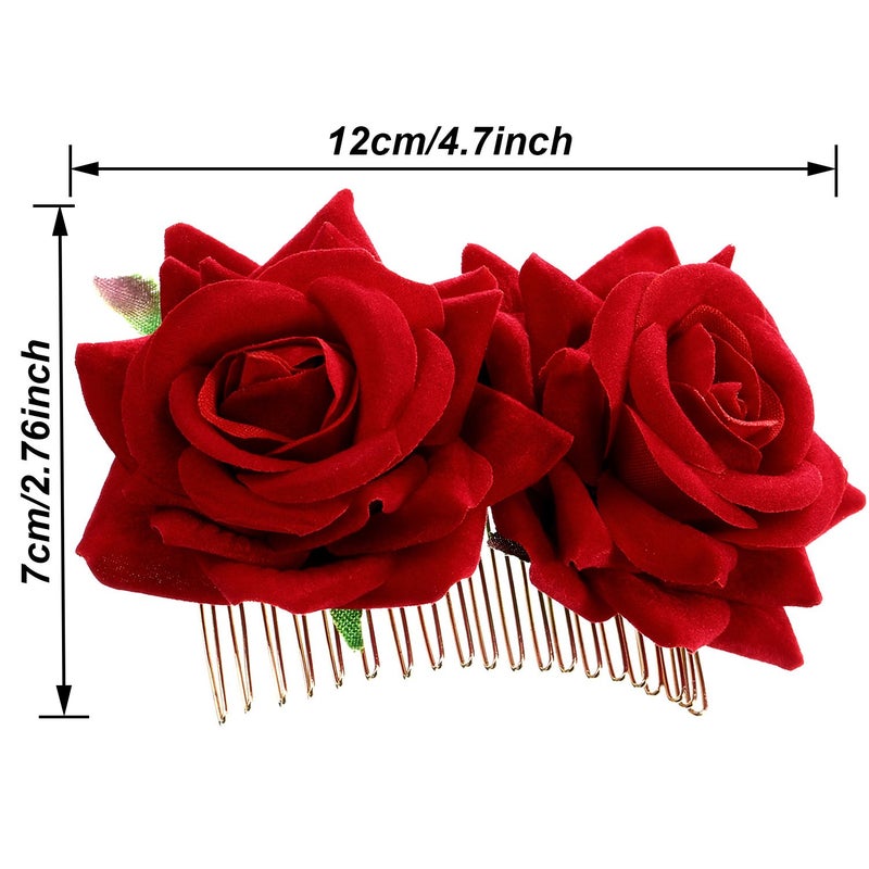 Bememo 2 Pack Women Rose Flower Hair Clip Rose Side Combs Flamenco Flowers Day of The Dead Costumes Mexican Hair Accessories for Wedding Party Decor Mother's Day Gift for Women Mom Grandma(Red) - Image 4